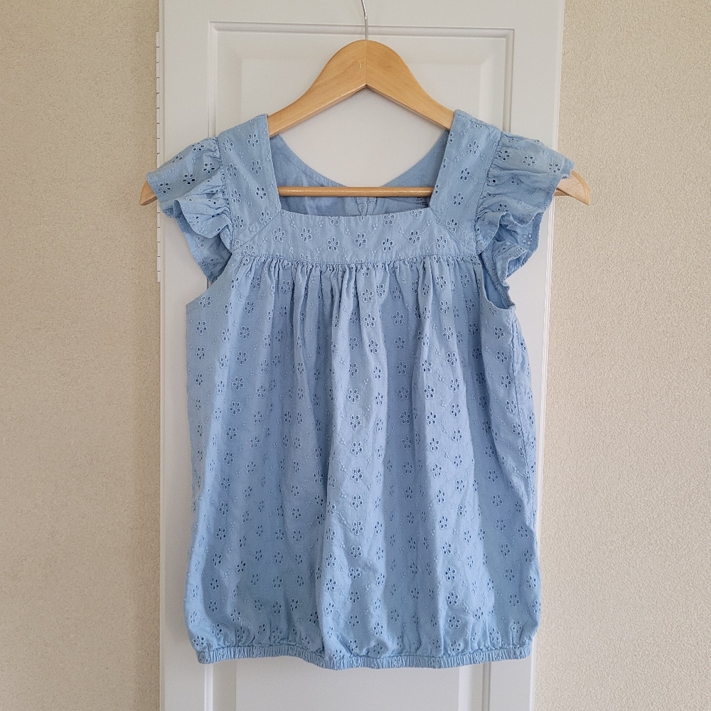 Lands' End Light Blue Eyelet Flutter Sleeve Blouse Shirt Top Size XL 14-16